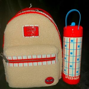 Marvel Disney Parks Loungefly SPIDERMAN Faux Fur And Matching Thermos.
